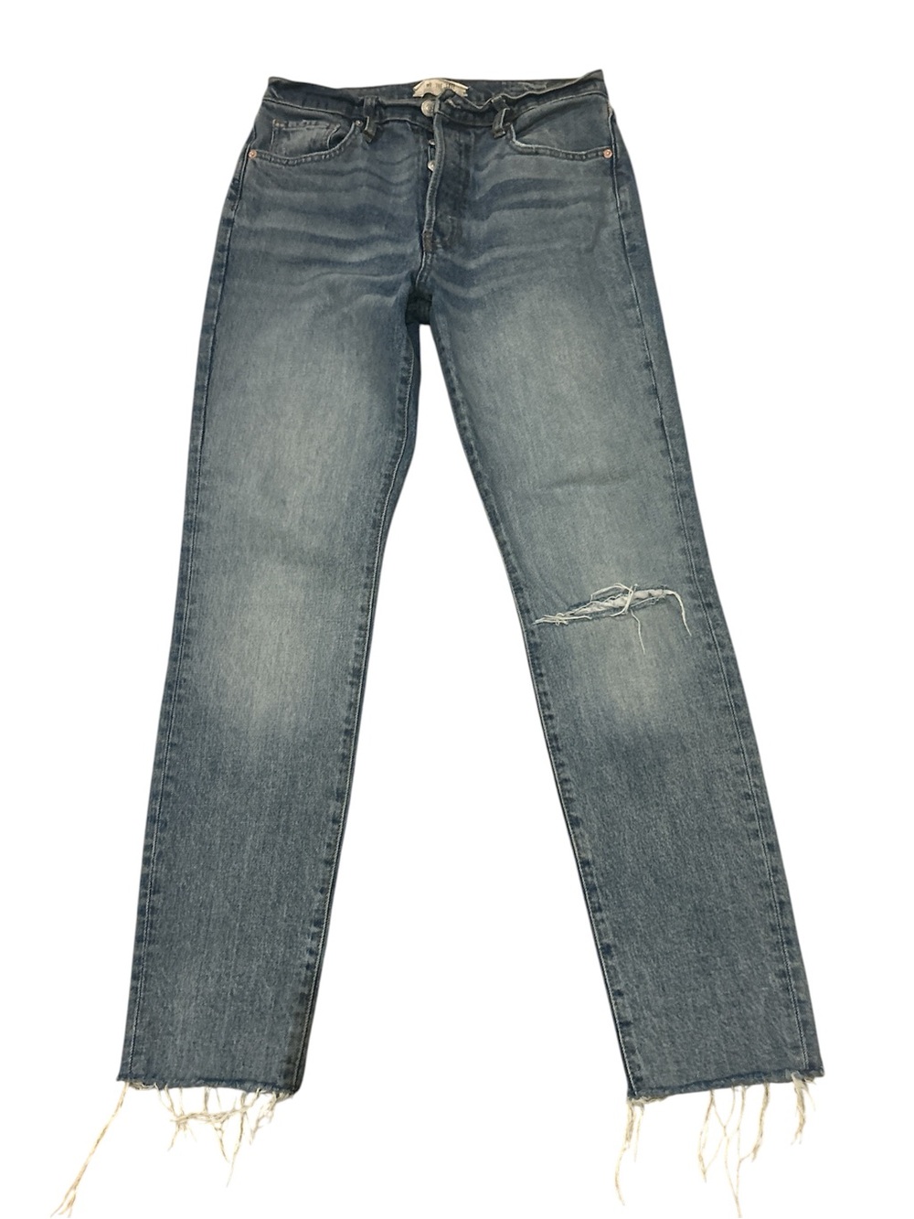 We The Free Blue Denim Jeans with Raw Hem and Distressing